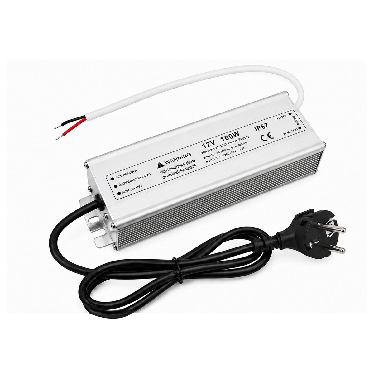 100W 12V/24V Waterproof LED Power Supply, 90-265V Input, Single Output, Aluminum Housing, Outdoor LED Lighting Driver, CE/RoHS/FCC Certified, US/UK/EU Plug