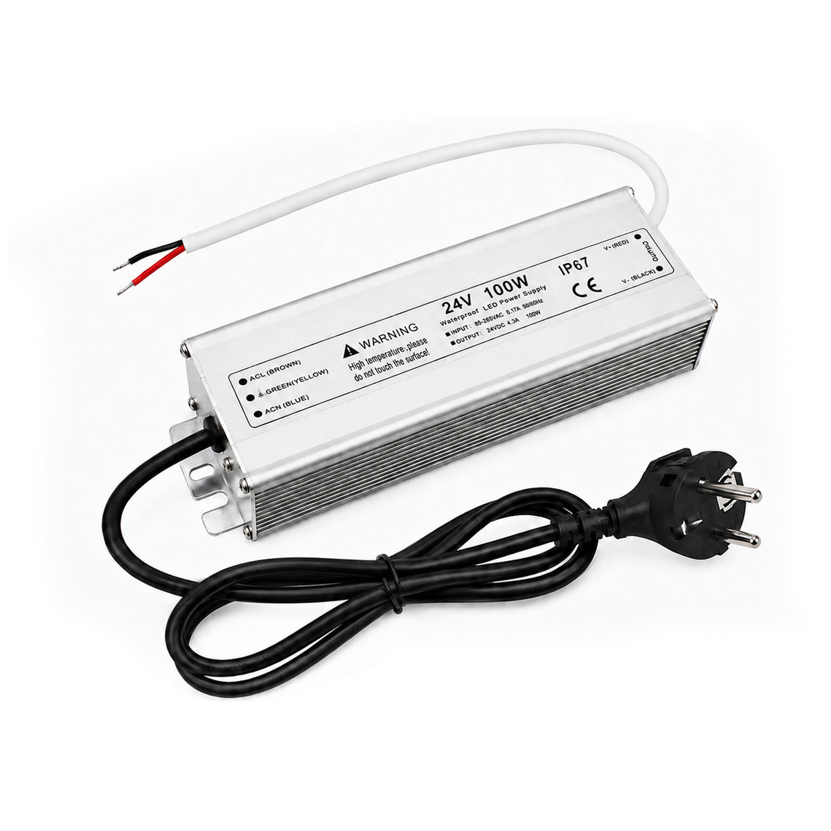 100W 12V/24V Waterproof LED Power Supply, 90-265V Input, Single Output, Aluminum Housing, Outdoor LED Lighting Driver, CE/RoHS/FCC Certified, US/UK/EU Plug
