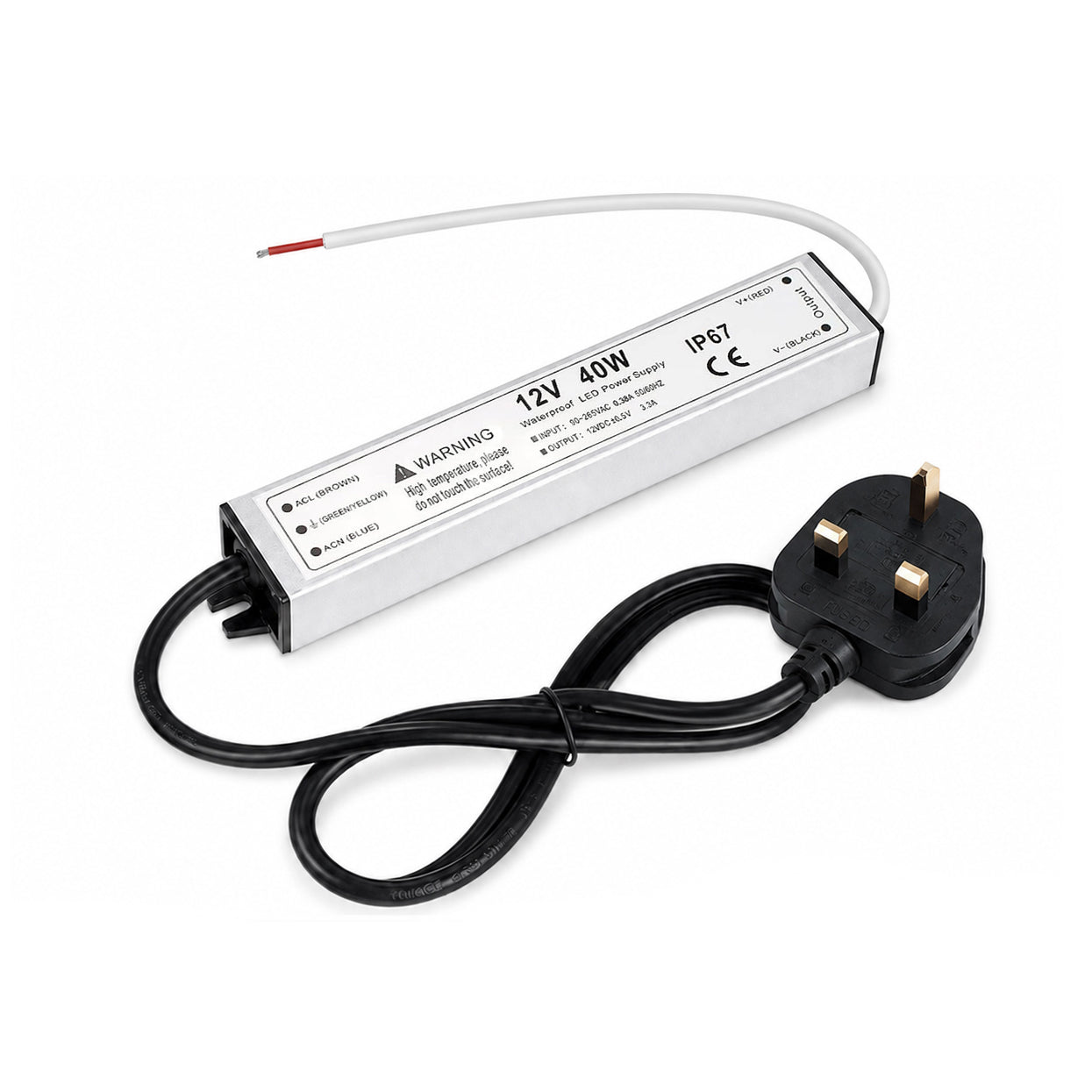 40W 12V/24V Waterproof LED Power Supply, 90-265V Input, Single Output, Aluminum Housing, Outdoor LED Lighting Driver, CE/RoHS/FCC Certified, US/UK/EU Plug