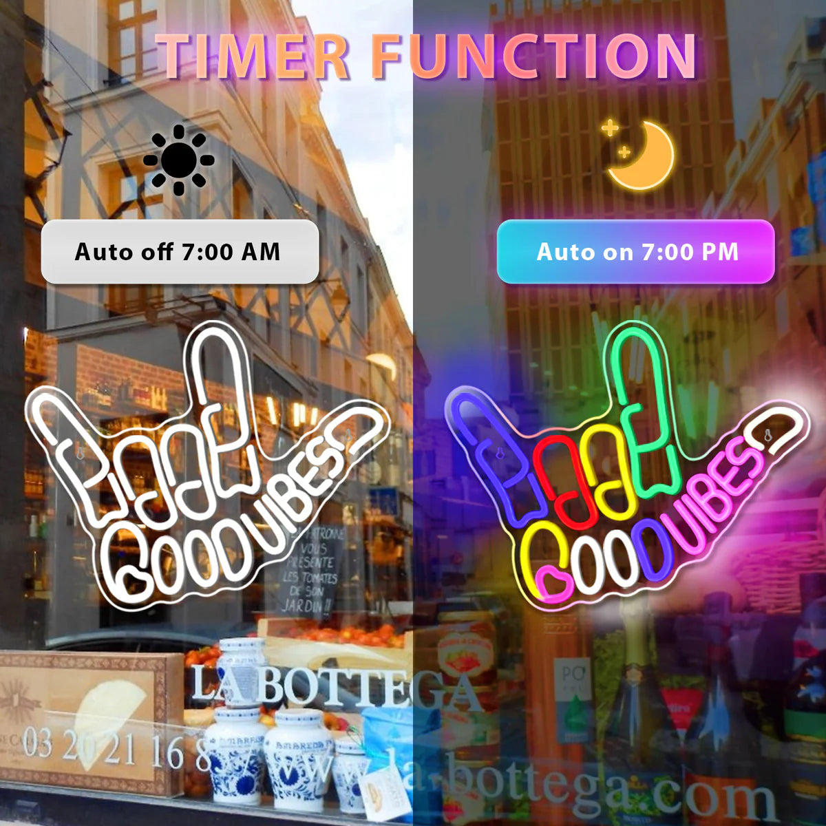 Good Vibes Neon Sign with Love Hand Gesture – USB Powered | 17×13” | Multi-Color LED Wall Decor for Ambiance & Vibe Enhancement | Hanging