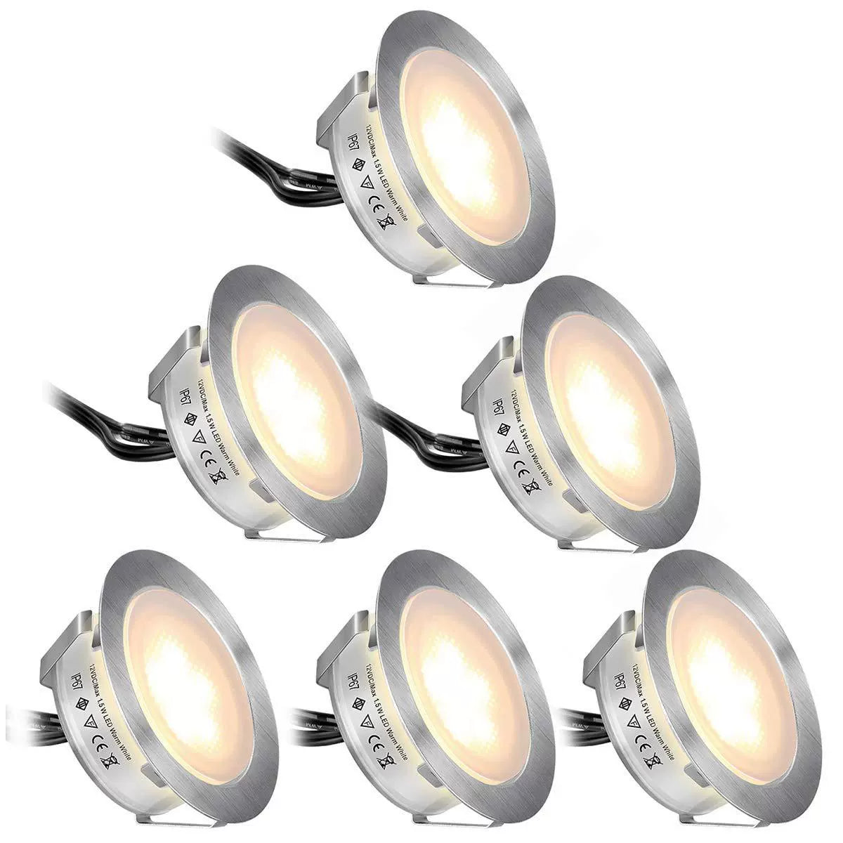 6-Pack Recessed LED Deck Lights – 1.5W Each | Warm White / Natural White | AC100–265V Input with Power Adapter | US / EU / UK / AU Plug Options | IP67 Waterproof Inground Step Lights Kit for Deck, Garden, Yard, Stairs & Pathway Lighting