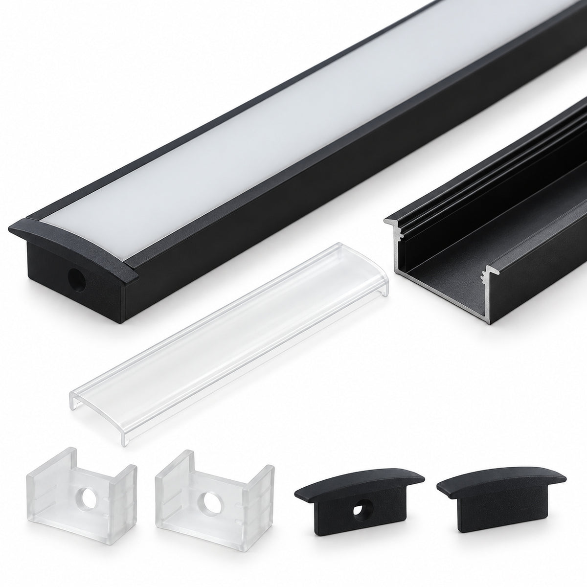 Black U03 10x30mm U-Shape LED Aluminum Channel, 20mm Inner Width, with Cover, End Caps & Mounting Clips