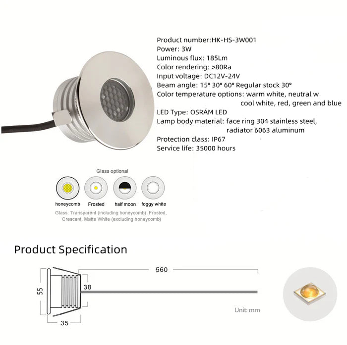 8/10-Pack Ultra-thin Honeycomb Anti-Glare Low Voltage LED Step Lights – 3000K / 4000K / 6000K | 3W | DC12–24V | IP67 Waterproof Stainless Steel Honeycomb Step & Path Lights