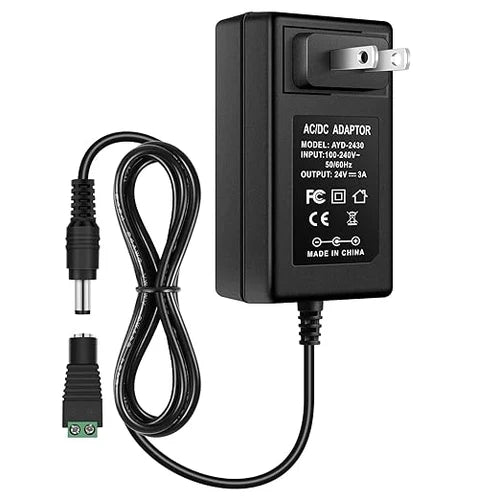 DC 24V Plug-in LED Adapter 72W, AC 100–240V to 24V - US/UK Plug AC Power Supply for High Power LED Strip Lights and Home Lighting Projects, Black Case