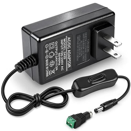 DC 24V Plug-in LED Adapter with On/Off Switch, 48W, US Plug, Black Housing, 100–240V AC Input - Power Supply for High Power LED Strip Lights and Decorative Lighting