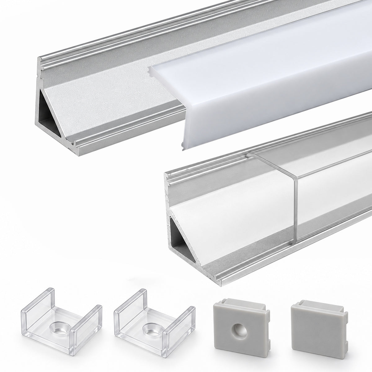 Silber V01 16x16mm V-förmige vertikale Winkelabdeckung Innenbreite 12mm Eckmontage LED-Aluminiumkanal mit Endkappen und Montageclips Aluminium-Extrusion