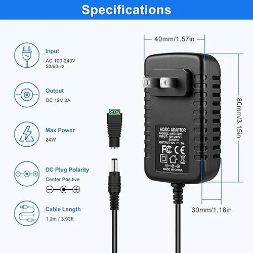 12V 24W Plug-in LED Adapter - AC 100-240V Input, Black Housing with US Plug for LED Strip Lights, Cabinet Lighting and Home DIY Projects