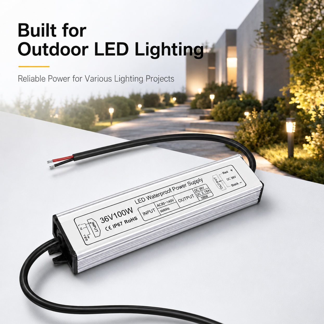 100W 36V/48V Waterproof LED Power Supply, 175-265V Input, Single Output, Aluminum Housing, Outdoor LED Lighting Driver, CE/RoHS/FCC Certified, US/UK/EU Plug