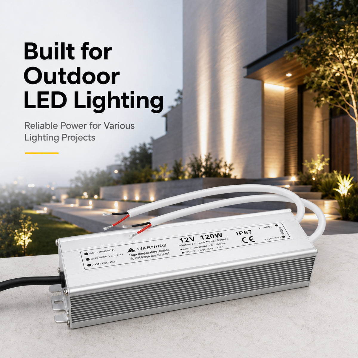 120W 12V/24V Waterproof LED Power Supply, 90-265V Input, Single/Dual Output, Aluminum Housing, Outdoor LED Lighting Driver, CE/RoHS/FCC Certified, US/UK/EU Plug