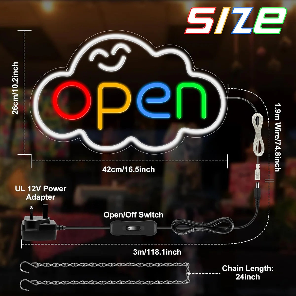 OPEN LED Sign – Fixed Rainbow Glow Neon Sign | Cloud Shape | 2 Sizes | Window Hanging | Plug & Play for Storefronts