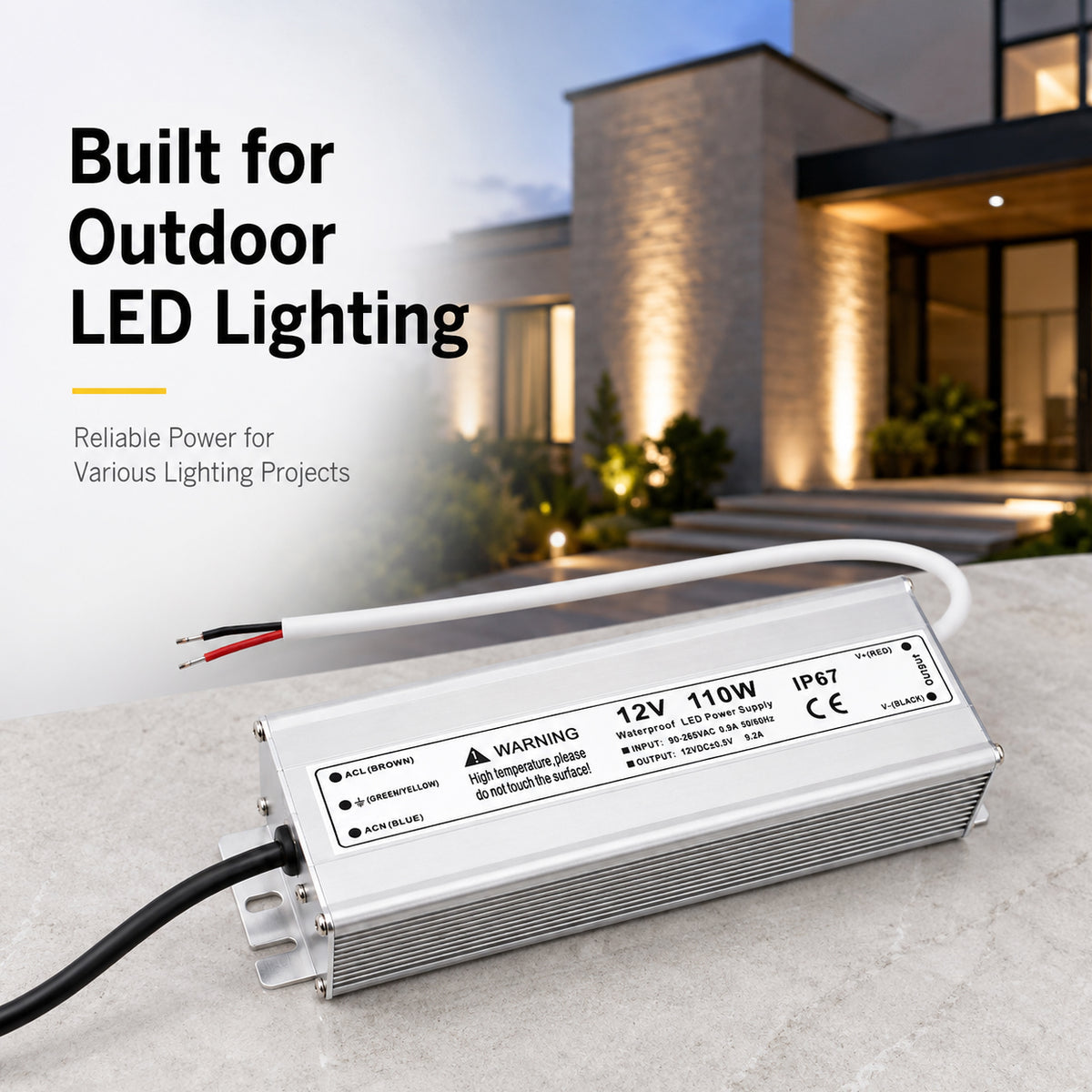 110W 12V Waterproof LED Power Supply, 90-265V Input, Single Output, Aluminum Housing, Outdoor LED Lighting Driver, CE/RoHS/FCC Certified, US/UK/EU Plug