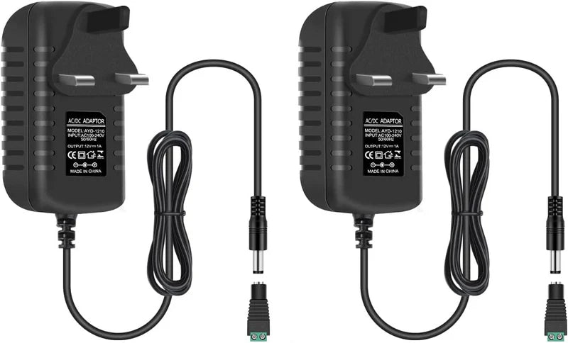 Power Supply Adapter DC 12V 12W–24W, AC 100–240V Wall Plug Transformer with US/UK Plug, Black Case LED Driver for LED Strip Lights, CCTV, Electronics