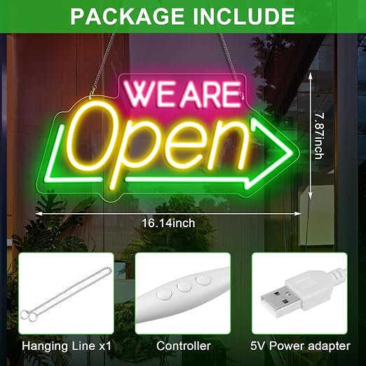WE ARE OPEN Silicone LED shop signs – USB Powered | 16.1×7.8 inch | Arrow Shape LED Window Sign | Yellow + Red + Green Glow for Cafes, Restaurants & Retail Shops