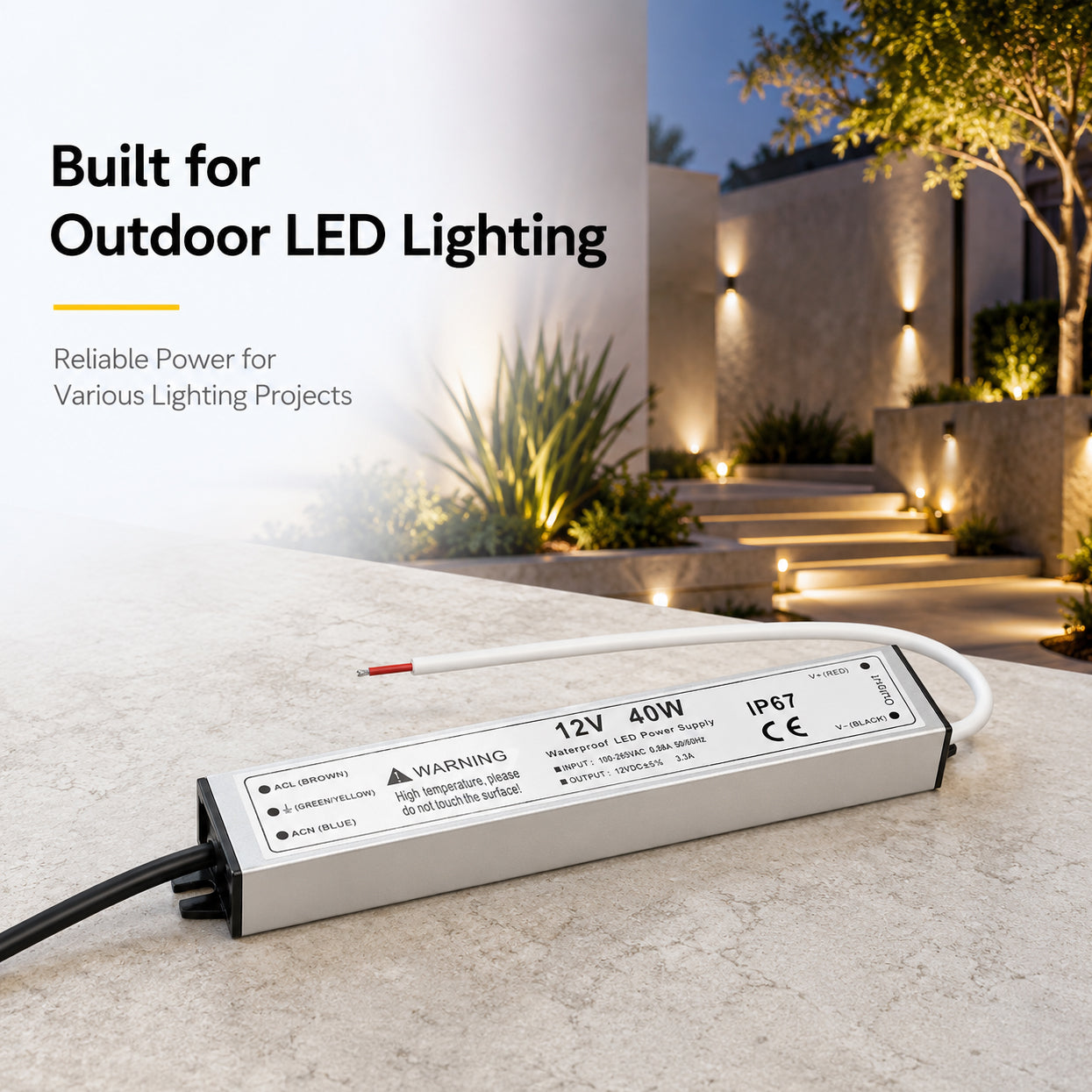 40W 12V/24V Waterproof LED Power Supply, 90-265V Input, Single Output, Aluminum Housing, Outdoor LED Lighting Driver, CE/RoHS/FCC Certified, US/UK/EU Plug