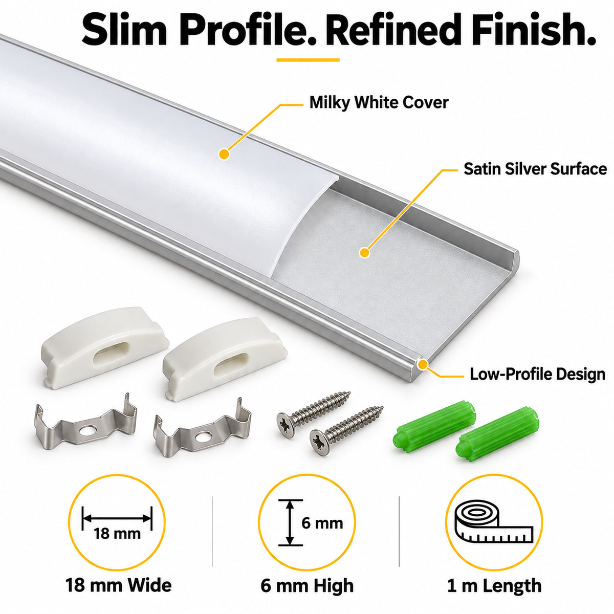 Silver U08 18x6mm Bendable U-Shape LED Aluminum Channel for LED Strips up to 12mm, with Milky White Diffuser Cover, End Caps & Mounting Clips