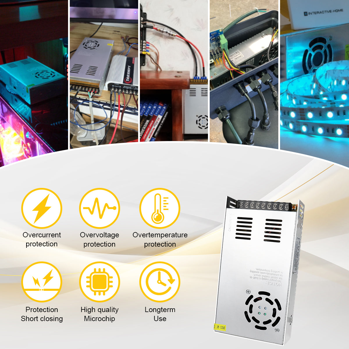 DC 12V LED Switching Power Supply 350W–600W, AC 110/220V Input, High Power LED Driver Transformer, Cooling Fan Metal Case, CE/FCC/RoHS Certified