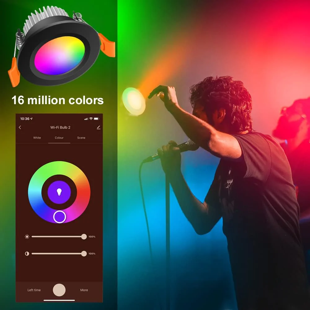 Smart RGB Downlight – WiFi Recessed Lighting, 2 Inch 5W, Dimmable RGB + CCT 2700–6500K, Works with Alexa & Google, 100–240V, Black Housing, 4 / 6 / 10 Pack Options