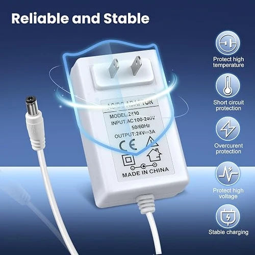 DC 24V Plug-in LED Adapter with On/Off Switch, 72W, US Plug, White Housing, 100–240V AC Input - Power Supply for High Power LED Strip Lights and Home Lighting