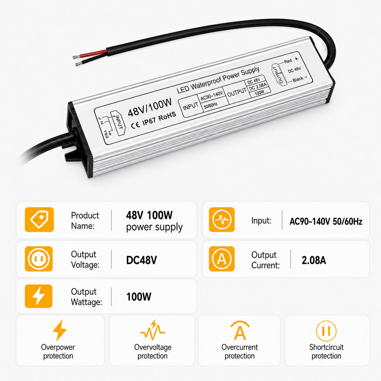 100W 36V/48V Waterproof LED Power Supply, 175-265V Input, Single Output, Aluminum Housing, Outdoor LED Lighting Driver, CE/RoHS/FCC Certified, US/UK/EU Plug