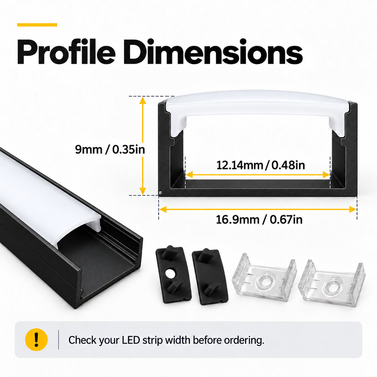 Silbernes U02 9 x 17 mm U-förmiges Innenprofil, Breite 12 mm, LED-Aluminium-Kanalsystem mit Abdeckung, Endkappen und Befestigungsclips für die Installation von LED-Lichtstreifen