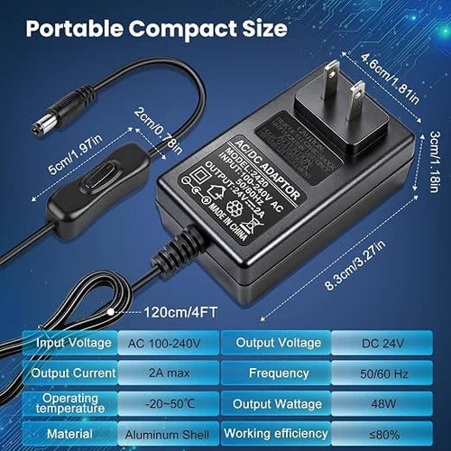 DC 24V Plug-in LED Adapter with On/Off Switch, 48W, US Plug, Black Housing, 100–240V AC Input - Power Supply for High Power LED Strip Lights and Decorative Lighting