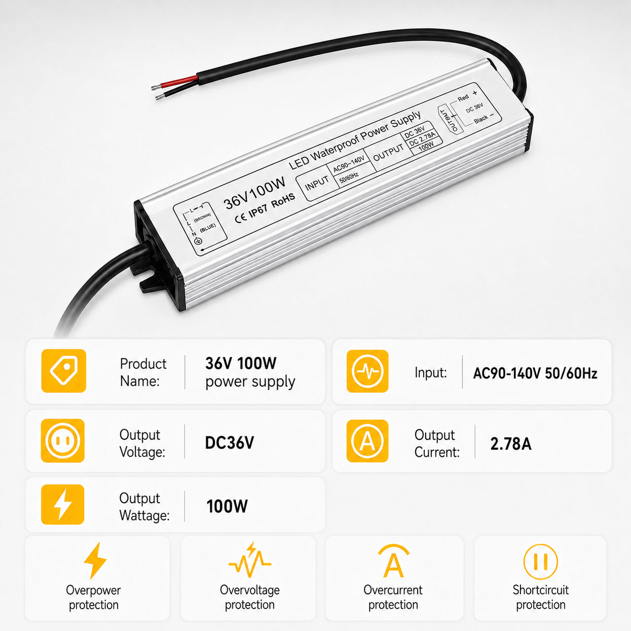 100W 36V/48V Waterproof LED Power Supply, 175-265V Input, Single Output, Aluminum Housing, Outdoor LED Lighting Driver, CE/RoHS/FCC Certified, US/UK/EU Plug