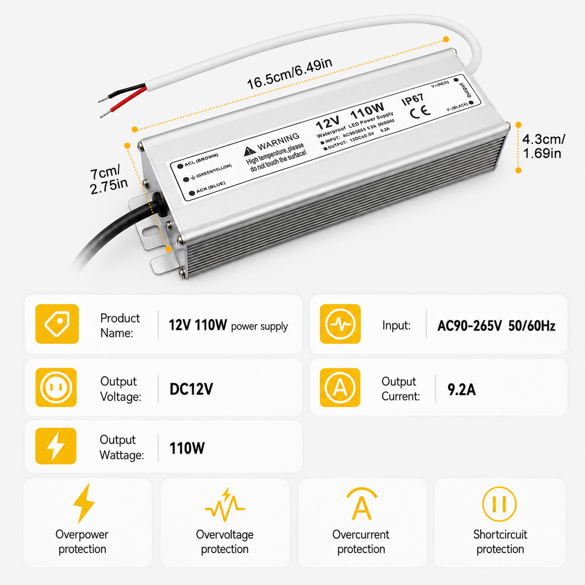 110W 12V Waterproof LED Power Supply, 90-265V Input, Single Output, Aluminum Housing, Outdoor LED Lighting Driver, CE/RoHS/FCC Certified, US/UK/EU Plug