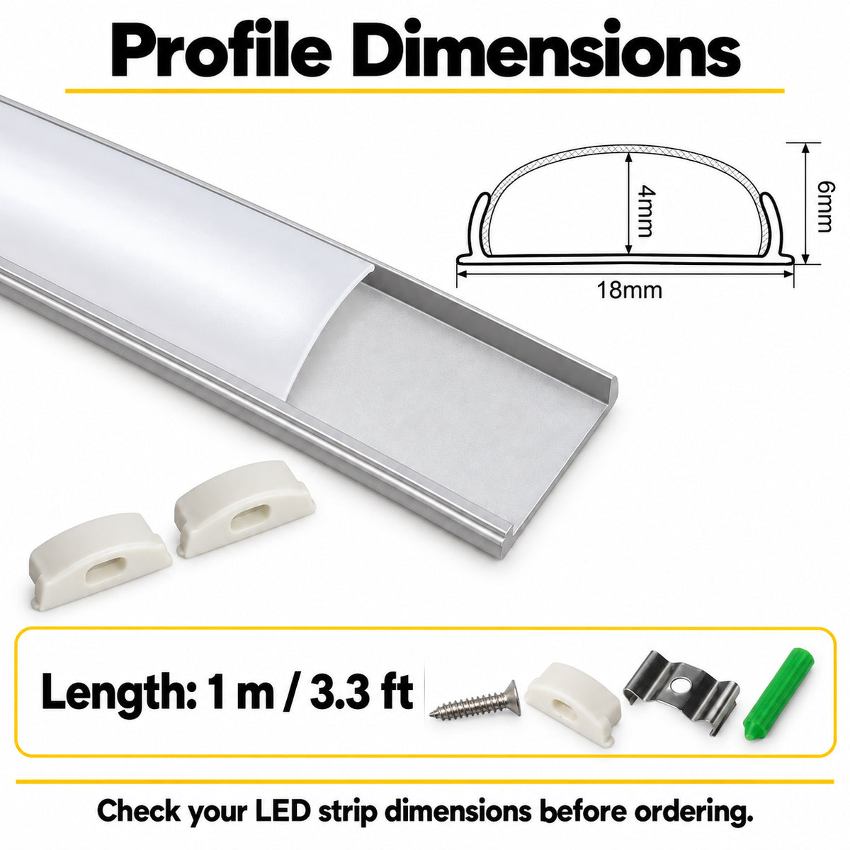 Silver U08 18x6mm Bendable U-Shape LED Aluminum Channel for LED Strips up to 12mm, with Milky White Diffuser Cover, End Caps & Mounting Clips