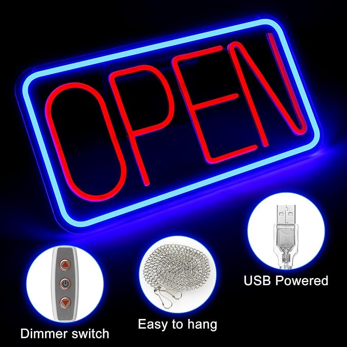 OPEN Silicone LED shop signs – USB Powered | 16×9 inch | Blue + Red Glow | LED Window Hanging Light for Cafes, Restaurants & Retail Shops