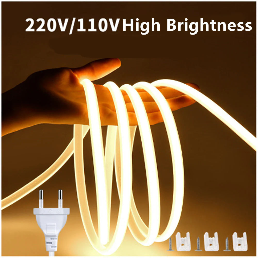 LightingWill AC110V/220V COB Flexible LED Strip Light 3000K/6500K, IP65 Waterproof High Brightness Spotless LED Tape with Inline Power Switch, for Cabinets, Kitchen and Office Lighting, US/EU Plug, 5/50M