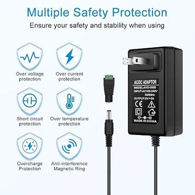 DC 5V 25W Plug-in LED Adapter - US Plug AC Power Supply for LED Strip Lights, Cabinet Lighting and Decorative Home Lighting