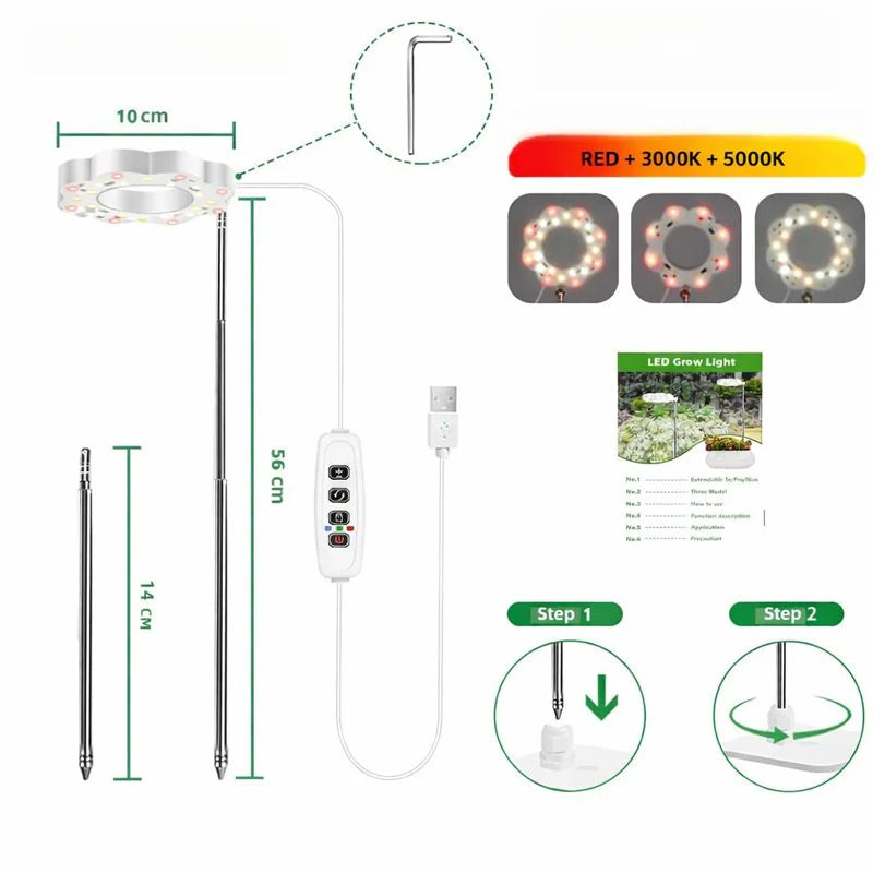 Potted Plants LED Grow Light - 5V | Full Spectrum | Auto On/Off Timer | Dimmable Brightness | Height Adjustable | Stake / Desk Base | Halo Plant Lamp for Indoor Plants Growing | USB Plug | 1 / 2 Pack