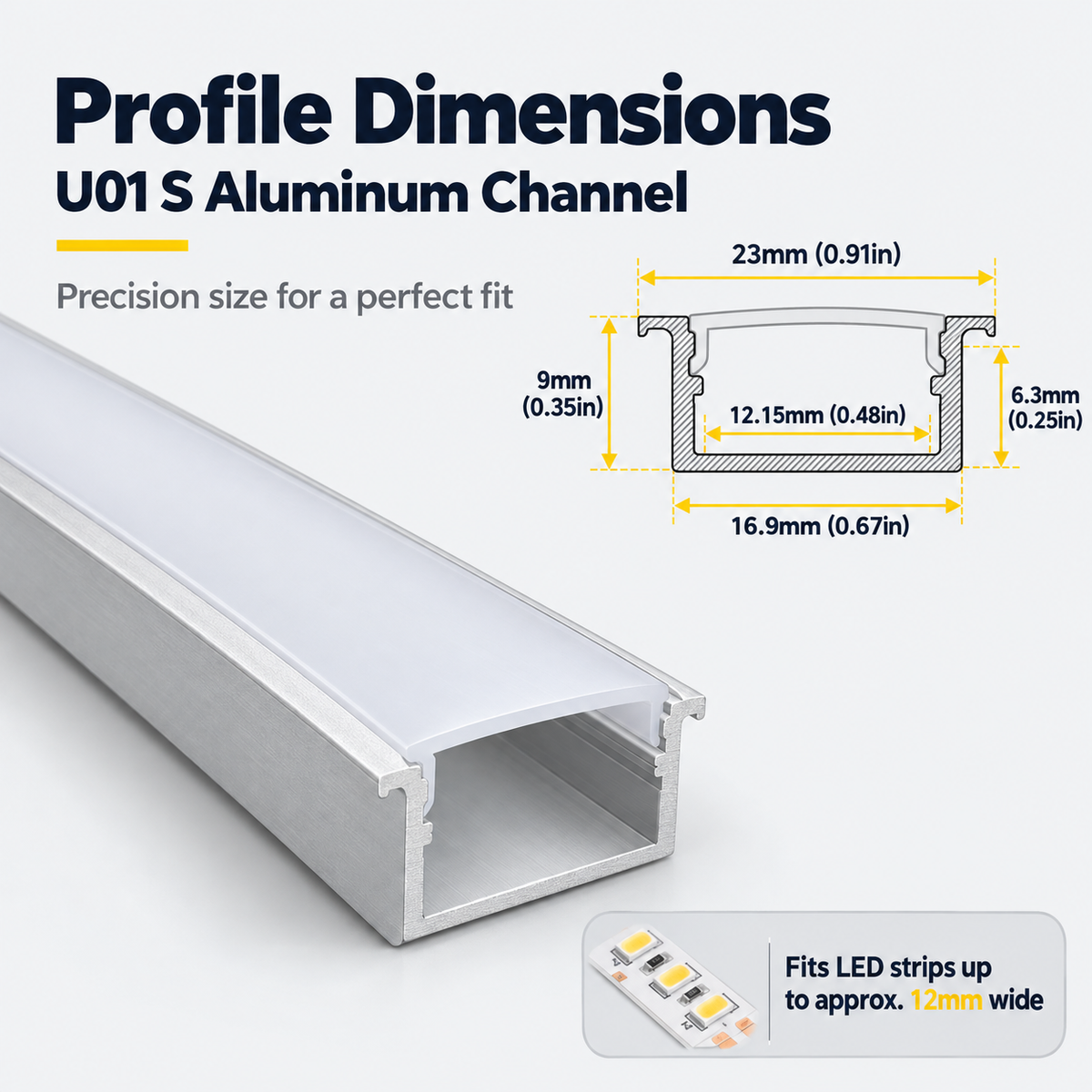 Silver U01 9x23mm U-Shape LED Aluminum Channel, 12mm Inner Width, with Cover, End Caps & Mounting Clips
