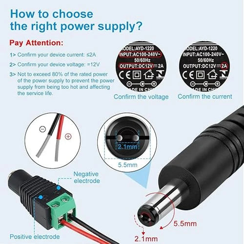 DC 12V Plug-in LED Adapter with On/Off Switch, 24W, US Plug, Black Housing, 100–240V AC Input - Power Supply for LED Strip Lights, Under Cabinet Lighting and Home Lighting