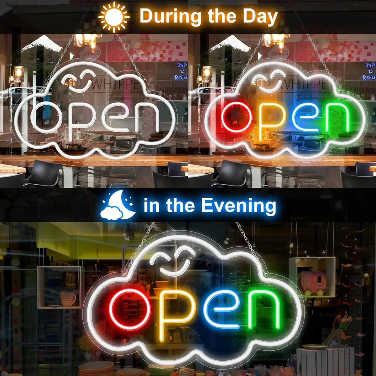 OPEN LED Sign – Fixed Rainbow Glow Neon Sign | Cloud Shape | 2 Sizes | Window Hanging | Plug & Play for Storefronts