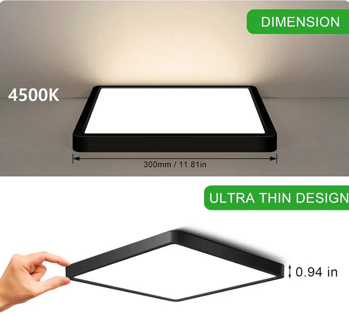 12 Inch 24W White /Black Square Ceiling Light – AC 110–130V | 3000K / 4500K / 5000K / 6500K | Flush Mount Ceiling Light for Modern Home Lighting | 1-Pack – Local Stock (US)