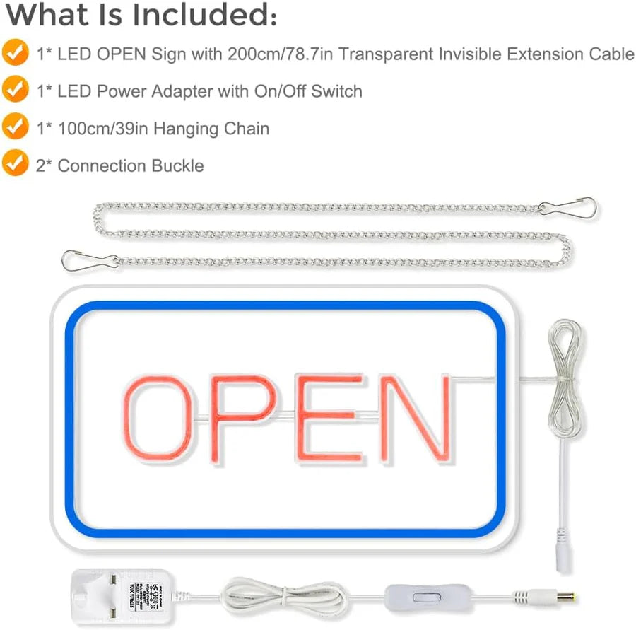 OPEN LED Neon Sign – 4 Glow Color Options | Rectangular | 16×9 / 23×12 inch | Window Hanging | Plug & Play for Storefronts