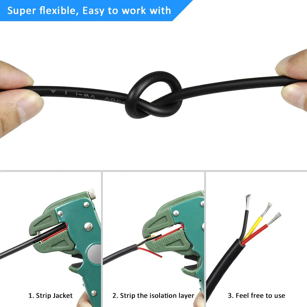 20 AWG 2/3/4/5 Conductor Black/White PVC Insulated Copper Cable – Multi-Core Flexible Wire for LED Installation – 5m (16.5ft)