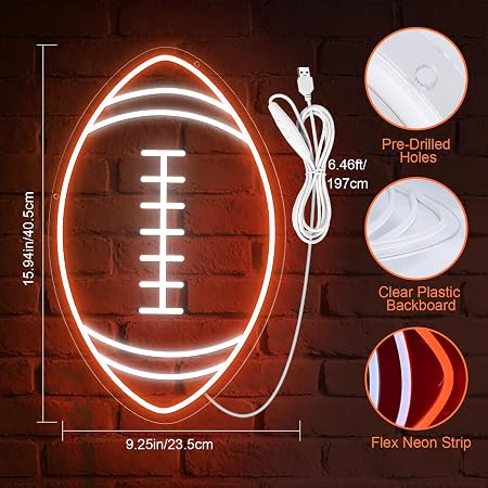 LED Neon Signs – Rugby Ball Silicone Neon Sign – 16×10 Inch | USB Neon Light Orange & White Glow LED Wall Light | Neon Lamp with Accessories Included | Hanging Sports Decor for Bedroom, Game Room, Bar & Party Spaces