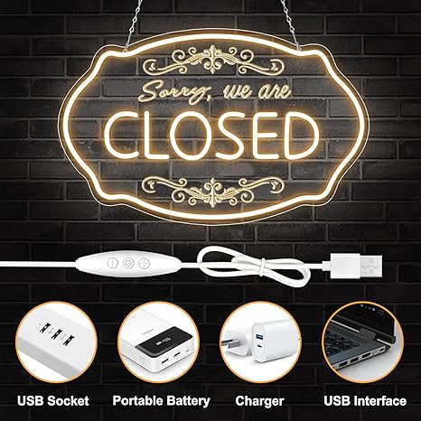 SORRY, WE ARE CLOSED LED Silicone LED shop signs – 16.5×9 Inch (42×23 cm) Horizontal Style | 5V USB Powered Warm White Dimmable Light for Storefront Window & Business Decor