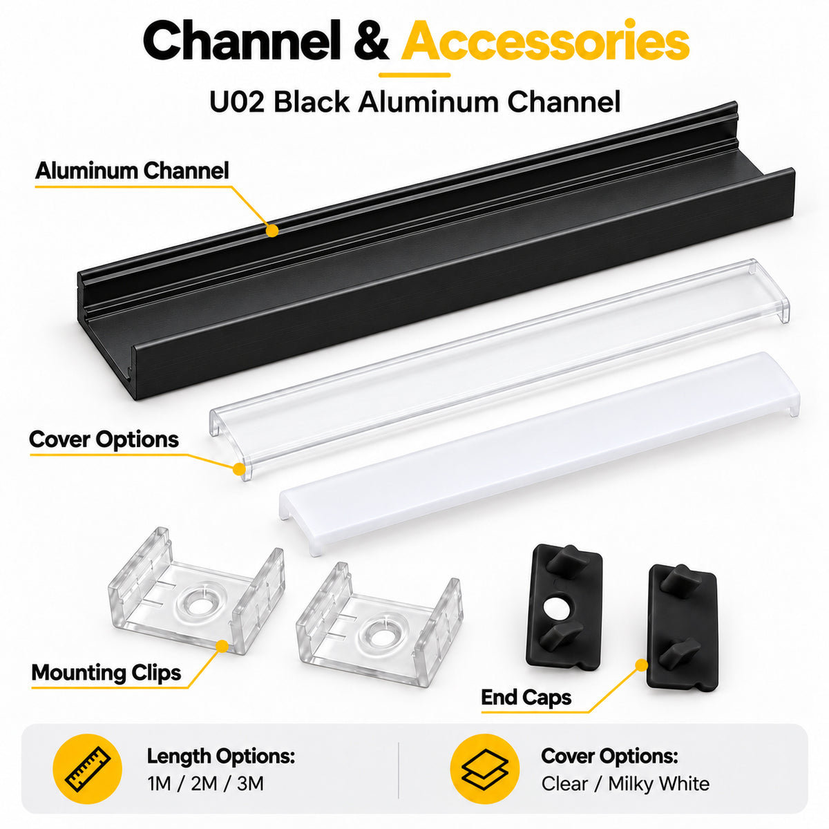 Silbernes U02 9 x 17 mm U-förmiges Innenprofil, Breite 12 mm, LED-Aluminium-Kanalsystem mit Abdeckung, Endkappen und Befestigungsclips für die Installation von LED-Lichtstreifen