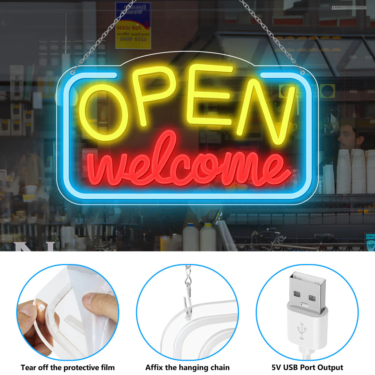 OPEN Welcome Neon Sign – 2 Color Options | USB Powered | 17×10 inch (43×25 cm) | LED Light for Storefront Window