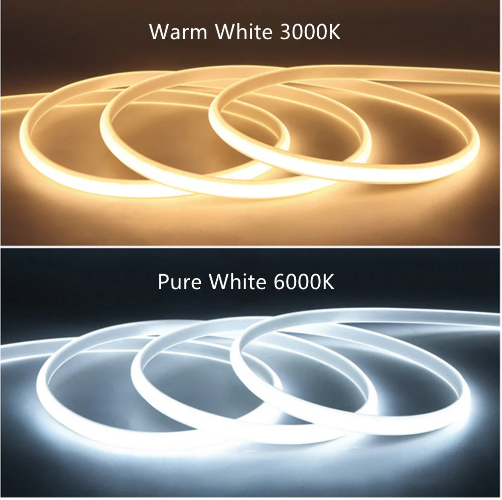 LightingWill AC110V/220V COB Flexible LED Strip Light 3000K/6500K, IP65 Waterproof High Brightness Spotless LED Tape with Inline Power Switch, for Cabinets, Kitchen and Office Lighting, US/EU Plug, 5/50M