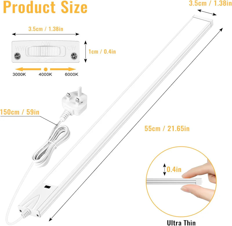LightingWill 16 / 22 Inch Under Cabinet Light 1/2 Pack, 3CCT 3000K/4000K/6000K LED Cabinet Light, Hand Wave Sensor, Adhesive Mount Slim Design for Cabinets and Shelves, White Finish