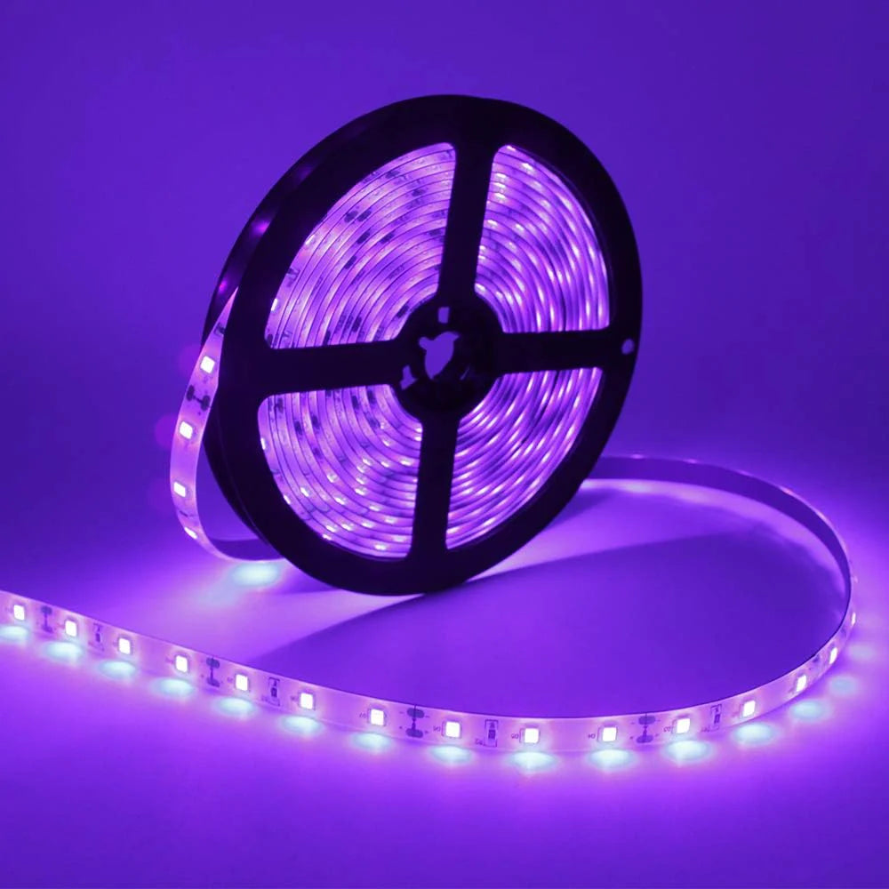 LightingWill 395–405nm SMD2835 UV LED Strip Light – 60 LEDs/m, 5M (16.4FT), Non-Waterproof/IP65