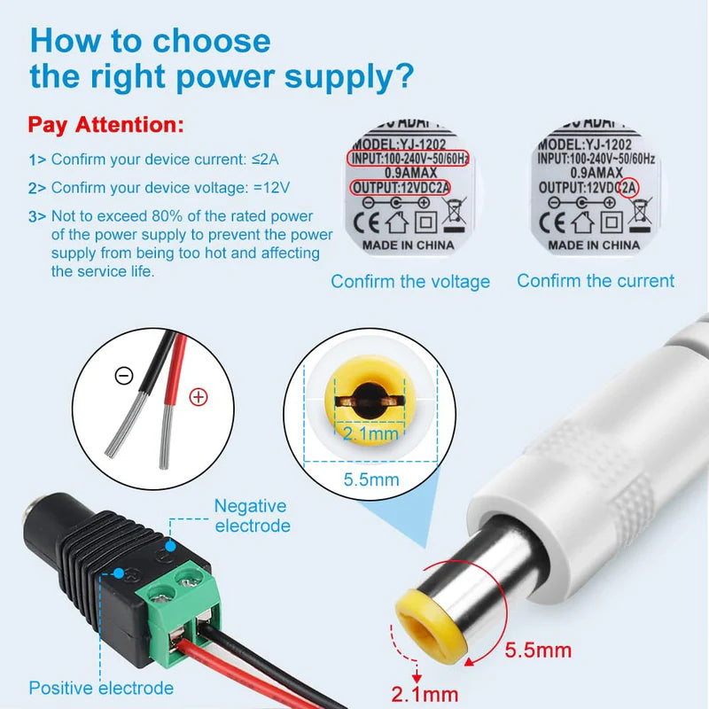 Power Supply Adapter DC 12V with On/Off Switch, 12W–36W Options, AC 100–240V Wall Plug Charger with US Plug, Black/White Housing for LED Strip Lights, Electronics