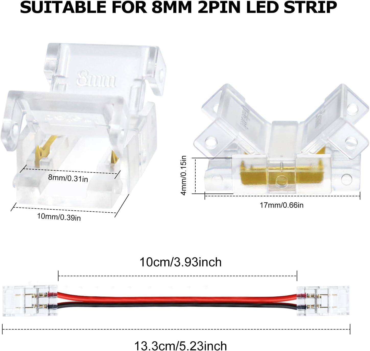 LightingWill LED Strip Connectors 2Pin 8mm, 10 PCS LED Connectors Solderless Pigtail for Single Color LED Light Strips, Compatible with COB/SMD 2835 3528