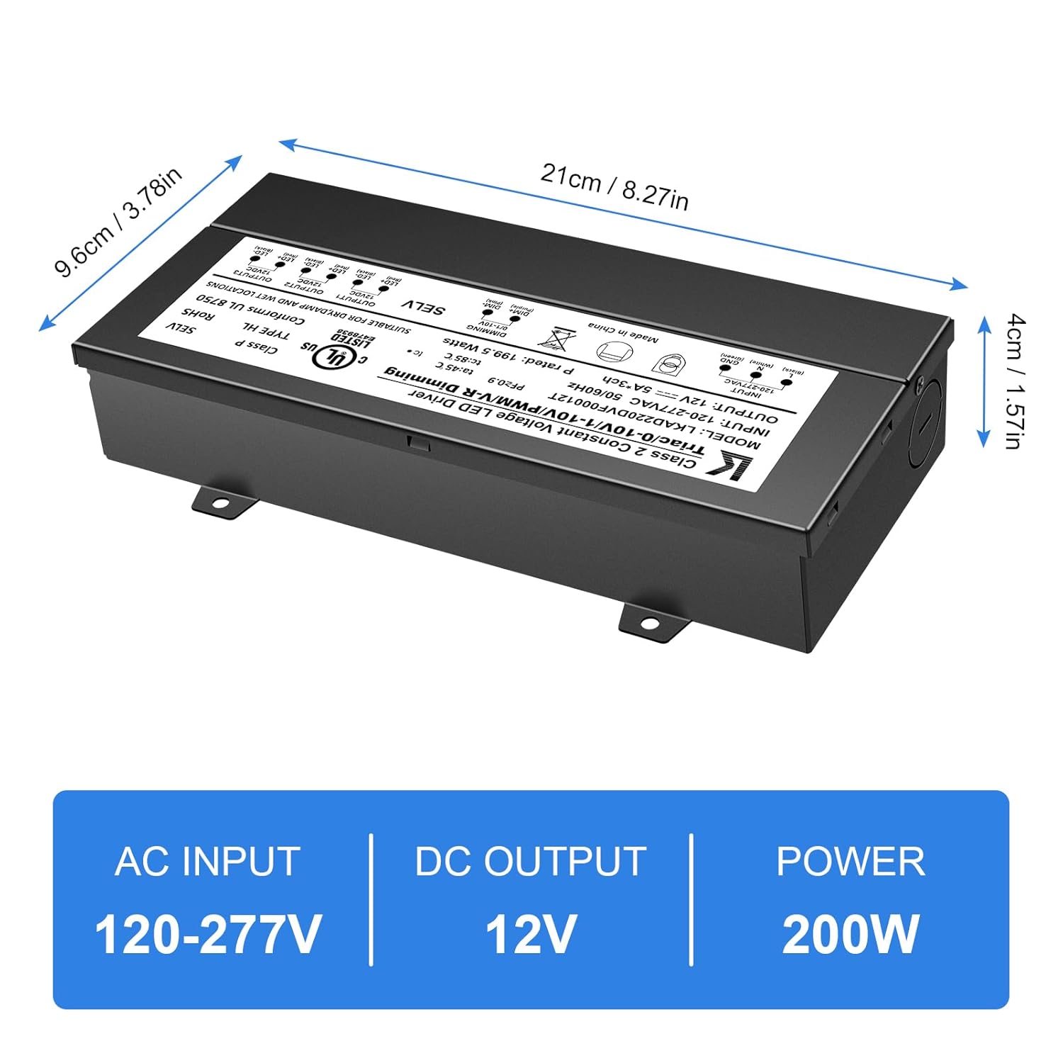 12V DC 5-in-1 Dimmable LED Power Supply – 60W / 100W / 200W UL Listed Waterproof LED Driver, AC 120–277V Input, Compatible with Triac / ELV / 0-10V / PWM / Resistive Dimming