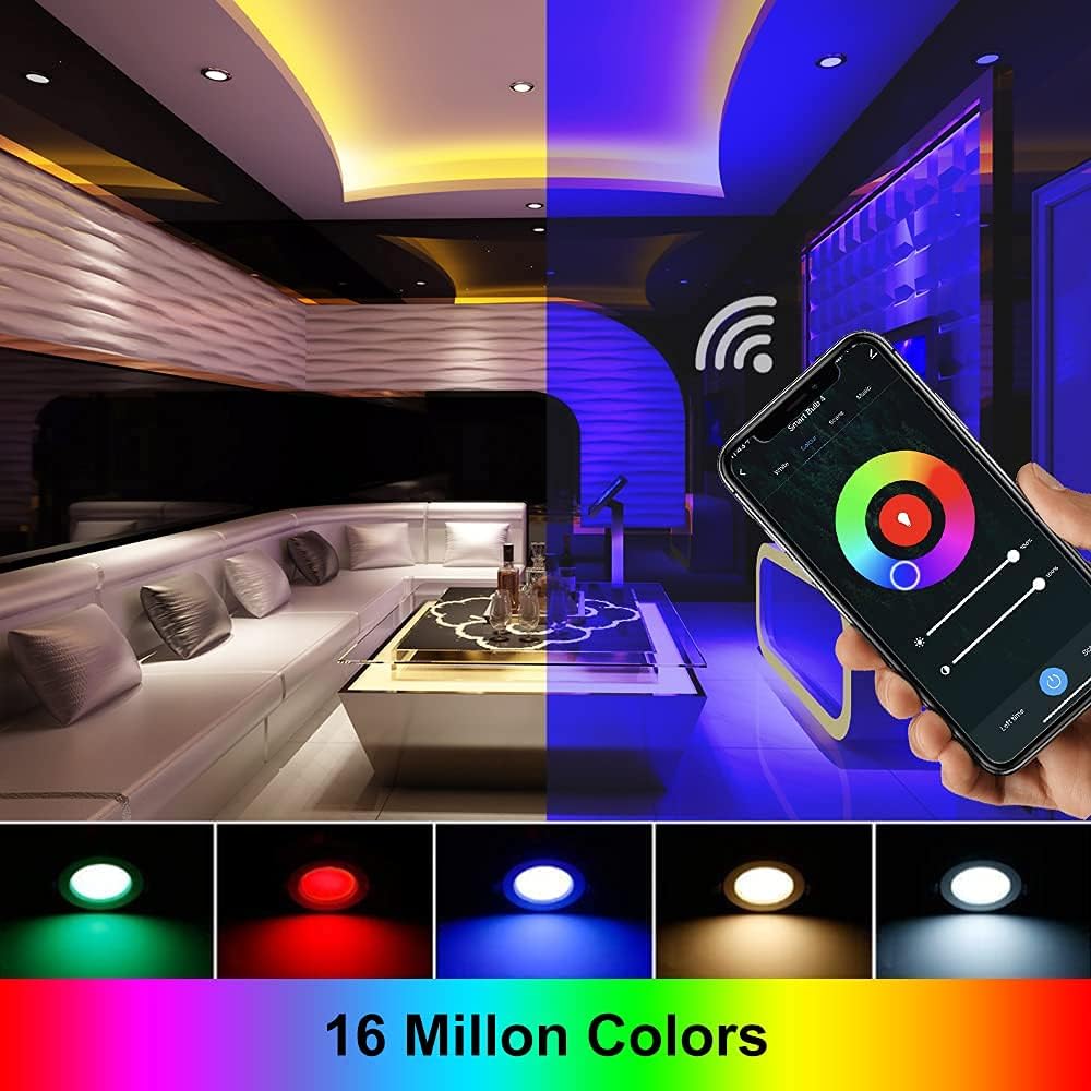 LightingWill 2 Inch LED Recessed Lighting, Smart WiFi LED Downlight, 5W LED Ceiling Light Compatible with Alexa/Google Assistant, Dimmable RGB & 2700K-6500K, 120V with LED Driver (4 Pack)