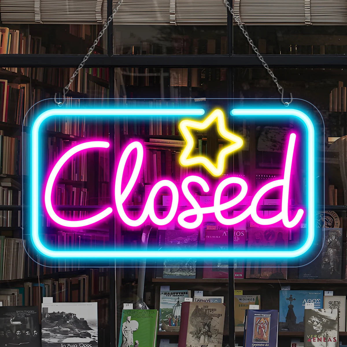 Closed Neon Sign – 17×9 inch (42×23 cm) | Ice Blue & Pink Glow + Yellow Star | Window Hanging | Plug & Play for Storefronts